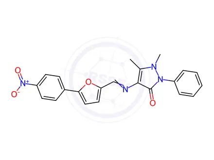 Chemical structure of 4-{[(5-{4-nitrophenyl}-2-furyl)methylene]amino}-1,5-dimethyl-2-phenyl-1,2-dihydro-3H-pyrazol-3-one