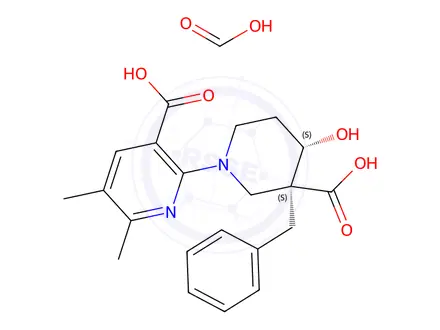 Chemical structure of 2-((3S,4S)-3-benzyl-3-carboxy-4-hydroxypiperidin-1-yl)-5,6-dimethylnicotinic acid formic acid