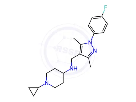 Chemical structure of 1-Cyclopropyl-N-((1-(4-fluorophenyl)-3,5-dimethyl-1H-pyrazol-4-yl)methyl)piperidin-4-amine