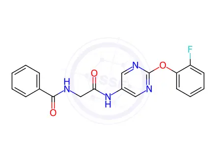 Chemical structure of N-(2-((2-(2-Fluorophenoxy)pyrimidin-5-yl)amino)-2-oxoethyl)benzamide