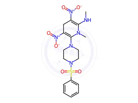 Chemical structure of N,1-dimethyl-3,5-dinitro-6-(4-(phenylsulfonyl)piperazin-1-yl)-1,4-dihydropyridin-2-amine