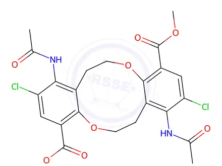 Chemical structure of dimethyl 1,8-diacetamido-2,9-dichloro-6,7,13,14-tetrahydrodibenzo[b,g][1,6]dioxecine-4,11-dicarboxylate