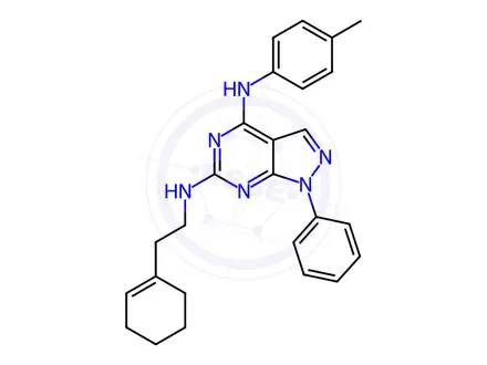 Chemical structure of 6-N-[2-(cyclohexen-1-yl)ethyl]-4-N-(4-methylphenyl)-1-phenylpyrazolo[3,4-d]pyrimidine-4,6-diamine
