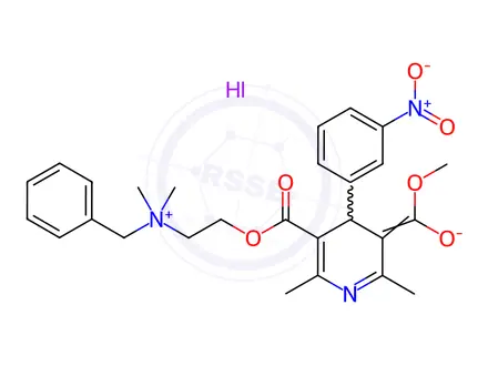 Chemical structure of N-[2-[[[1,4-Dihydro-5-(methoxycarbonyl)-2,6-dimethyl-4-(3-nitrophenyl)-3-pyridinyl]carbonyl]oxy]ethyl]-N,N-dimethylbenzenemethanaminium Iodide
