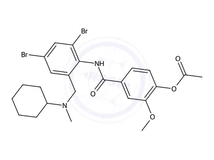 Chemical structure of 4-((2,4-Dibromo-6-(((cyclohexylmethyl)amino)methyl)phenyl)carbamoyl)-2-methoxyphenyl acetate