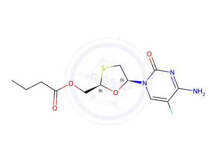 Chemical structure of ((2R,5S)-5-(4-amino-5-fluoro-2-oxopyrimidin-1(2H)-yl)-1,3-oxathiolan-2-yl)methyl butyrate