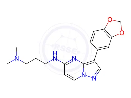 Chemical structure of N1-(3-(Benzo[d][1,3]dioxol-5-yl)pyrazolo[1,5-a]pyrimidin-5-yl)-N3,N3-dimethylpropane-1,3-diamine