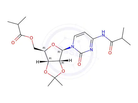 Chemical structure of ((3aR,4R,6R,6aR)-6-(4-Isobutyramido-2-oxopyrimidin-1(2H)-yl)-2,2-dimethyltetrahydrofuro[3,4-d][1,3]dioxol-4-yl)methyl isobutyrate (Molnupiravir Impurity)