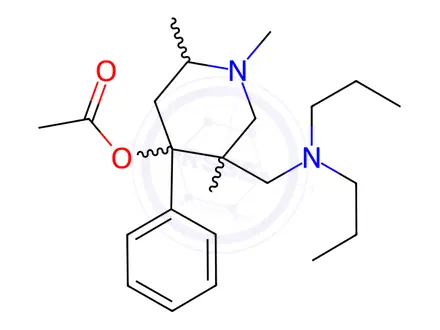 Chemical structure of [5-[(dipropylamino)methyl]-1,2,5-trimethyl-4-phenyl-4-piperidyl] acetate dihydrochloride