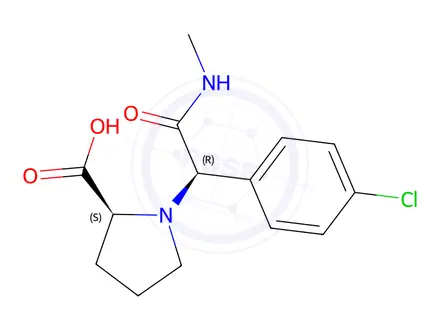 Chemical structure of (S)-1-((R)-1-(4-chlorophenyl)-2-(methylamino)-2-oxoethyl)pyrrolidine-2-carboxylic acid