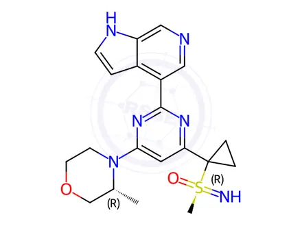 Chemical structure of (R)-Imino(methyl)(1-(6-((R)-3-methylmorpholino)-2-(1H-pyrrolo[2,3-b]pyridin-4-yl)pyrimidin-4-yl)cyclopropyl)-l6-sulfanone