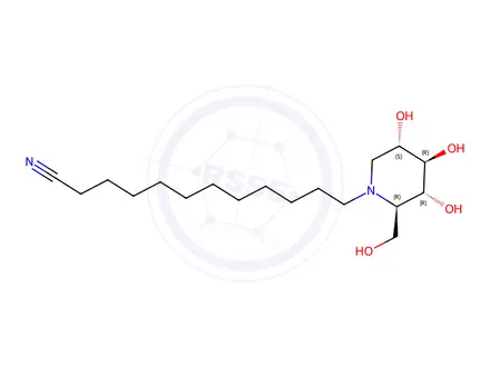Chemical structure of 12-((2R,3R,4R,5S)-3,4,5-Trihydroxy-2-(hydroxymethyl)piperidin-1-yl)dodecanenitrile