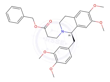 Chemical structure of 2(1H)-Isoquinolinepropanoic acid, 1-[(3,4-dimethoxyphenyl) methyl]-3,4-dihydro-6,7- dimethoxy-, phenylmethyl ester, (1R)-