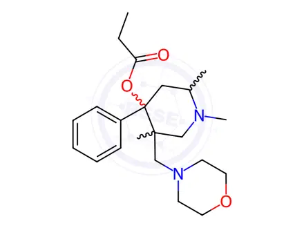 Chemical structure of [1,2,5-trimethyl-5-(morpholin-4-ylmethyl)-4-phenyl-4-piperidyl] propanoate dihydrochloride