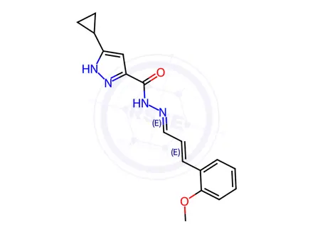 Chemical structure of 3-cyclopropyl-N-((1E,2E)-3-(2-methoxyphenyl)allylidene)-1H-pyrazole-5-carbohydrazide