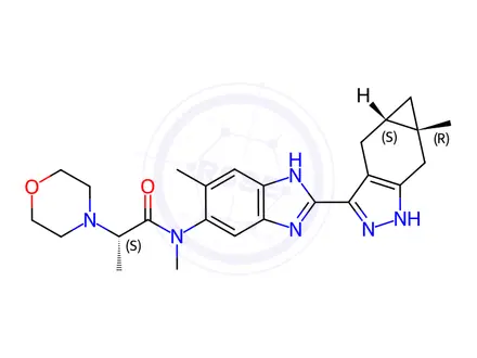 Chemical structure of (2S)-N-methyl-N-(6-methyl-2-[(4aS,5aR)-5a-methyl-1.4.4a.5.5a,6-hexahydrocyclopropa-f)indazol-3-yl]-lH-benzimidazol-5-yl}-2-(morpholin-4-yl)propanamide