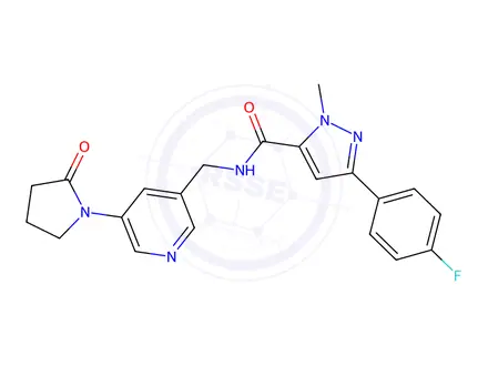 Chemical structure of 3-(4-Fluorophenyl)-1-methyl-N-((5-(2-oxopyrrolidin-1-yl)pyridin-3-yl)methyl)-1H-pyrazole-5-carboxamide
