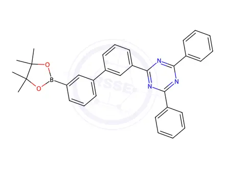 Chemical structure of 2,4-diphenyl-6-[3'-(4,4,5,5-tetramethyl-1,3,2-dioxaborolan-2-yl)[1,1'-biphenyl]-3-yl]-1,3,5-Triazine