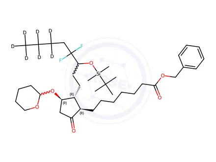 Chemical structure of 11-O-Tetrahydropyranyl-15-O-tert-butyldimethylsilyl-lubiprostone-d7 Phenylmethyl Ester