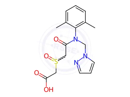Chemical structure of N-(2,6-Dimethylphenyl)-N-(1H-pyrazol-1-ylmethyl)aminocarbonylmethylsulfinyl acetic Acid