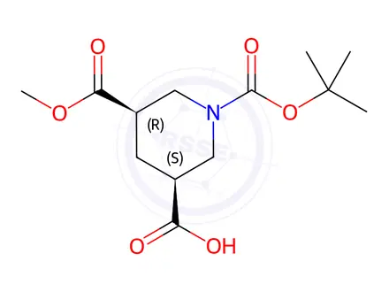 Chemical structure of (3S,5R)-1-(tert-butoxycarbonyl)-5-(methoxycarbonyl)piperidine-3-carboxylic acid