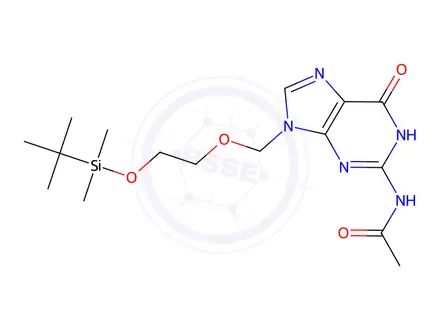 Chemical structure of N-(9-((2-((tert-Butyldimethylsilyl)oxy)ethoxy)methyl)-6-oxo-6,9-dihydro-1H-purin-2-yl)acetamide