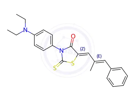 Chemical structure of 3-[4-(diethylamino)phenyl]-5-(2-methyl-3-phenyl-2-propenylidene)-2-thioxo-1,3-thiazolidin-4-one