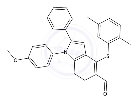 Chemical structure of 4-((2,5-Dimethylphenyl)thio)-1-(4-methoxyphenyl)-2-phenyl-6,7-dihydro-1H-indole-5-carbaldehyde