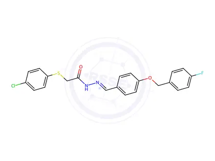Chemical structure of (E)-2-((4-chlorophenyl)thio)-N'-(4-((4-fluorobenzyl)oxy)benzylidene)acetohydrazide