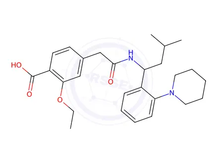 Chemical structure of 2-Ethoxy-4-(2-((3-methyl-1-(2-(piperidin-1-yl)phenyl)butyl)amino)-2-oxoethyl)benzoic Acid
