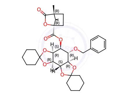 Chemical structure of [1(1S)]-2,3:4,5-Di-O-cyclohexylidene-6-O-(phenylmethyl)-D-myo-Inositol 4,7,7-Trimethyl-3-oxo-2-oxabicyclo[2.2.1]heptane-1-carboxylate