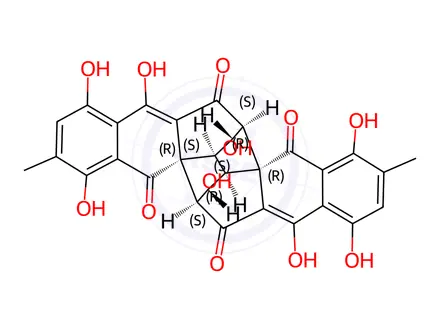 Chemical structure of Rugulosin, 8,8'-dihydroxy-, (1S,1'S,2R,2'R,3S,3'S,9aR,9'aR)-