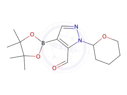 Chemical structure of 2-(Oxan-2-yl)-4-(tetramethyl-1,3,2-dioxaborolan-2-yl)pyrazole-3-carbaldehyde