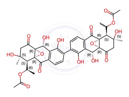 Chemical structure of 9,9'-Dideoxo-4aβ,9aβ:4'aβ,9'aβ-bisoxy-4a,4'a,9a,9'a-tetrahydro-9β,9'β-dihydroxyjulichrome Q 11,11'-diacetate