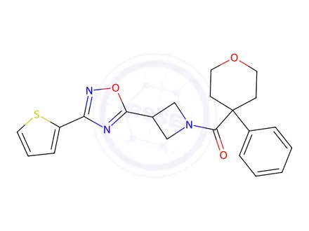 Chemical structure of (4-Phenyltetrahydro-2H-pyran-4-yl)(3-(3-(thiophen-2-yl)-1,2,4-oxadiazol-5-yl)azetidin-1-yl)methanone