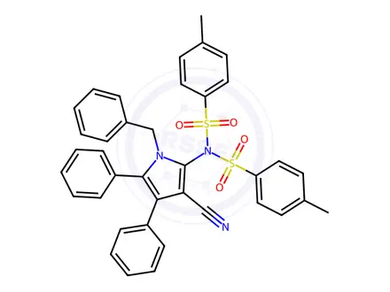 Chemical structure of N-(1-Benzyl-3-cyano-4,5-diphenyl-1H-pyrrol-2-yl)-4-methyl-N-(4-methylbenzenesulfonyl)benzene-1-sulfonamide