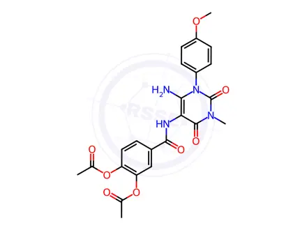 Chemical structure of 4-((6-Amino-1-(4-methoxyphenyl)-3-methyl-2,4-dioxo-1,2,3,4-tetrahydropyrimidin-5-yl)carbamoyl)-1,2-phenylene diacetate