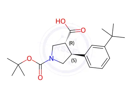 Chemical structure of (3R,4S)-rel-1-(tert-Butoxycarbonyl)-4-(3-(tert-butyl)phenyl)pyrrolidine-3-carboxylic acid