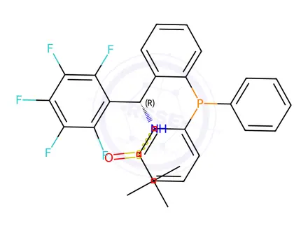 Chemical structure of N-((R)-(2-(Diphenylphosphanyl)phenyl)(perfluorophenyl)methyl)-2-methylpropane-2-sulfinamide