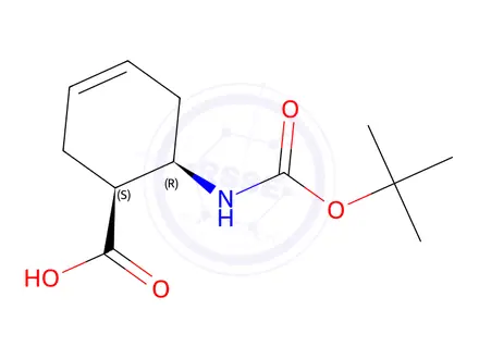 Chemical structure of (1S,6R)-6-((tert-butoxycarbonyl)amino)cyclohex-3-ene-1-carboxylic acid