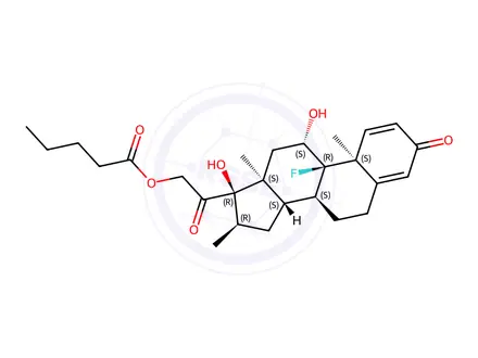 Chemical structure of 9-fluoro-11beta,17,21-trihydroxy-16alpha-methylpregna-1,4-diene-3,20-dione 21-valerate