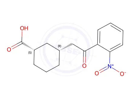 Chemical structure of (1S,3R)-3-(2-(2-nitrophenyl)-2-oxoethyl)cyclohexane-1-carboxylic acid