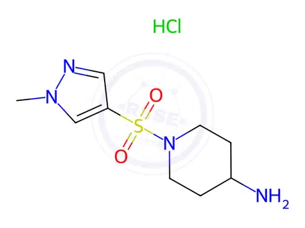 Chemical structure of 1-[(1-methyl-1H-pyrazol-4-yl)sulfonyl]piperidin-4-amine hydrochloride