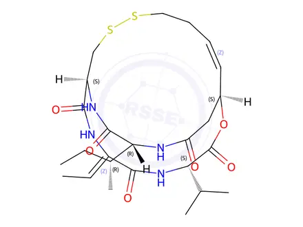 Chemical structure of (1S,4S,7Z,10S,16Z,21R)-21-((R)-sec-butyl)-7-ethylidene-4-isopropyl-2-oxa-12,13-dithia-5,8,20,23-tetraazabicyclo[8.7.6]tricos-16-ene-3,6,9,19,22-pentaone
