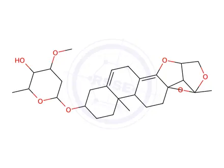 Chemical structure of (20S)-3β-(3-O-Methyl-2,6-dideoxy-D-arabino-hexopyranosyloxy)-18,20-epoxy-20,16β-(epoxymethano)-15-oxapregna-5,8(14)-diene
