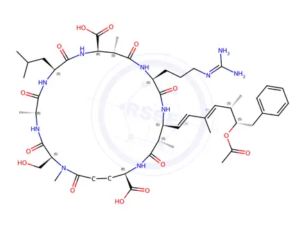 Chemical structure of Cyanoginosin LA, 1-(N-methylserine)-5-L-arginine-6-((2S,4E,6E,8S,9S)-9-(acetyloxy)-4,5,6,7-tetradehydro-2,6,8-trimethyl-10-phenyl-L-3-aminod ecanoic acid)-