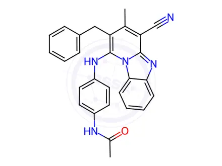 Chemical structure of N-{4-[(2-benzyl-4-cyano-3-methylpyrido[1,2-a]benzimidazol-1-yl)amino]phenyl}acetamide