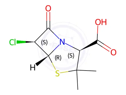 Chemical structure of (2S,5R,6S)-6-chloro-3,3-dimethyl-7-oxo-4-thia-1-azabicyclo[3.2.0]heptane-2-carboxylic acid