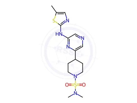 Chemical structure of N,N-Dimethyl-4-[6-[(5-methyl-1,3-thiazol-2-yl)amino]pyrazin-2-yl]piperidine-1-sulfonamide