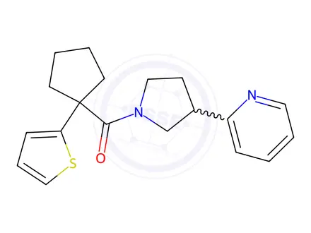 Chemical structure of (3-(Pyridin-2-yl)pyrrolidin-1-yl)(1-(thiophen-2-yl)cyclopentyl)methanone
